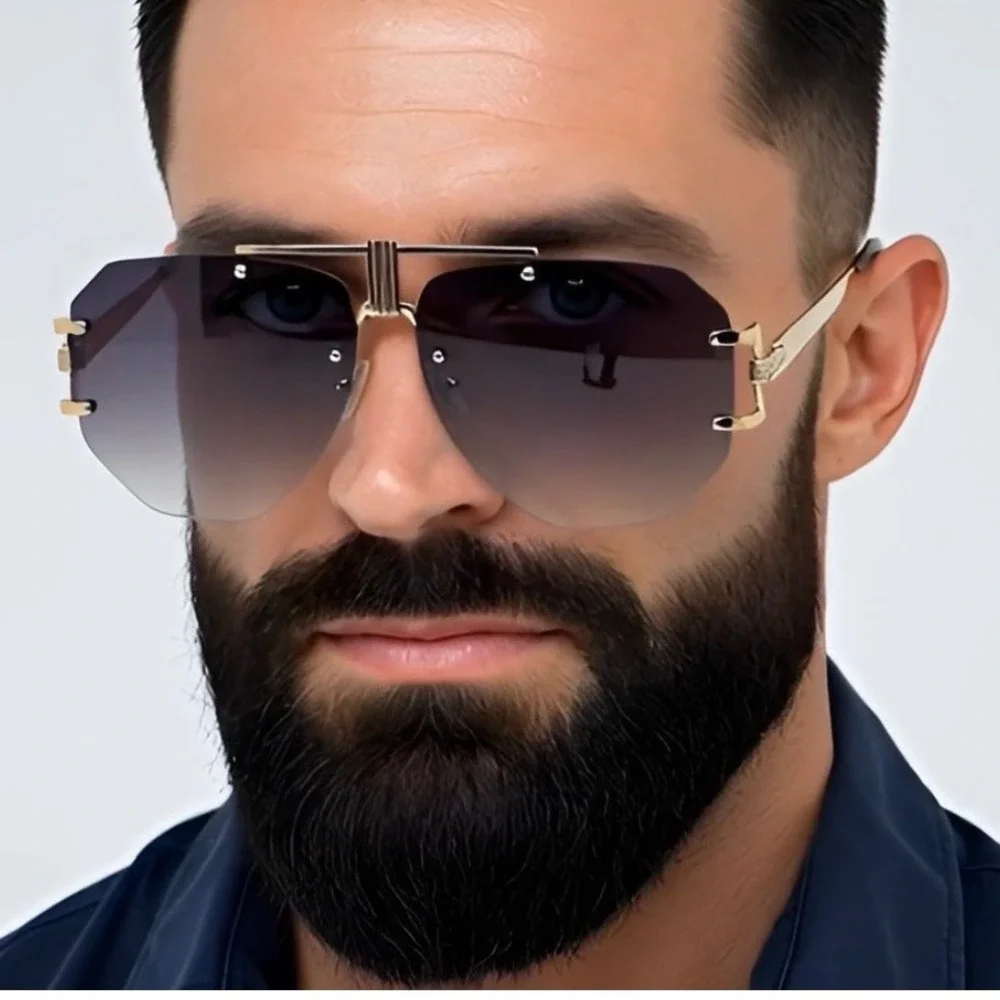 Exaggerated Oversized Design‎ Gold Accent Black Sunglasses Frameless Driving New